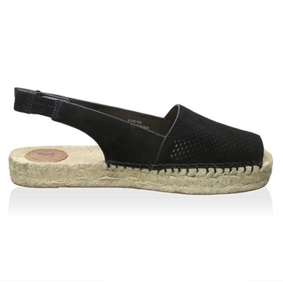 French Connection Women's Lucya‎ Black Leather Peep Toe Espadrille Sandals Shoes - Picture 1 of 16